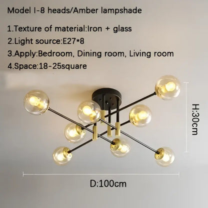 Decorbites glass ball black chandelier features eight amber glass lampshades in a modern brass and black design