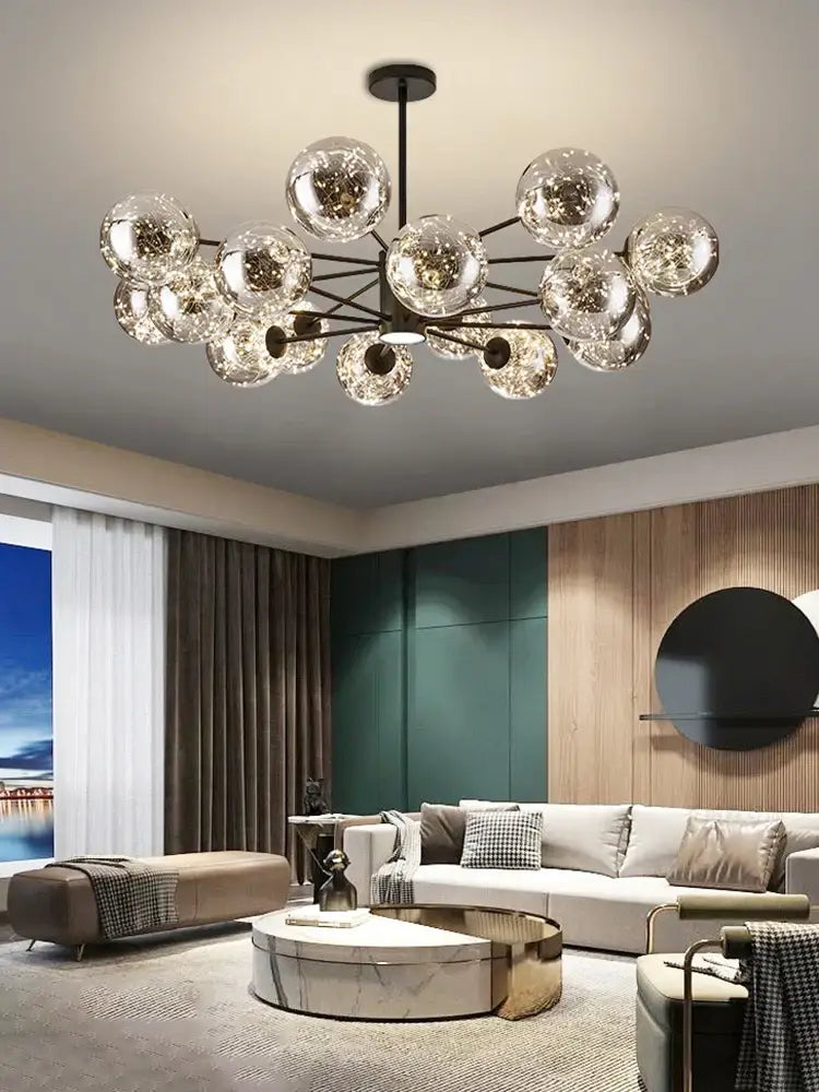 Modern decorbites glass ball branch chandelier with clear glass spheres and black metal frame for living room lighting