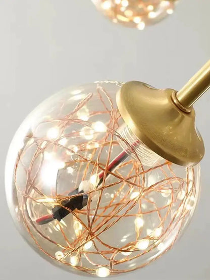 Decorbites glass ball branch chandelier with spherical glass pendant and copper wire fairy lights for living room lighting