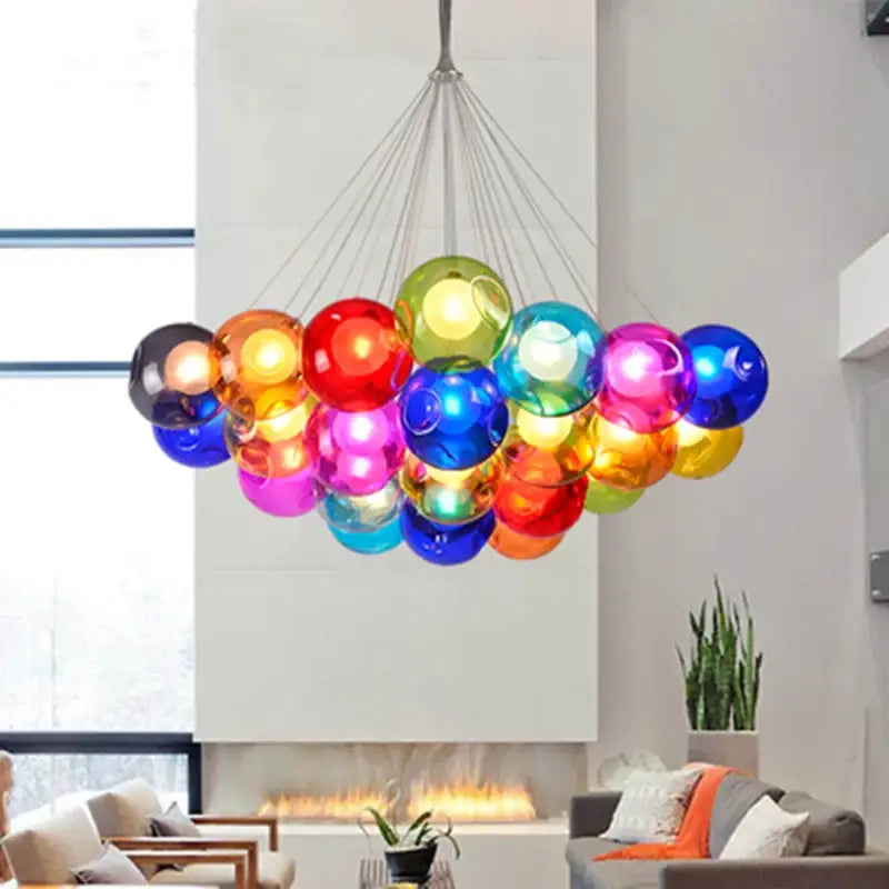 A vibrant multi-colored glass ball bubble chandelier by DecorBites glass ball for modern living room or dining table
