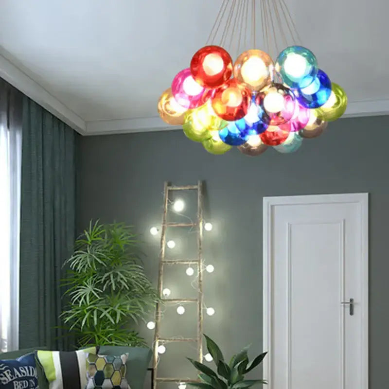 A vibrant multi-colored glass bubble chandelier by DecorBites with modern design for living room and dining table
