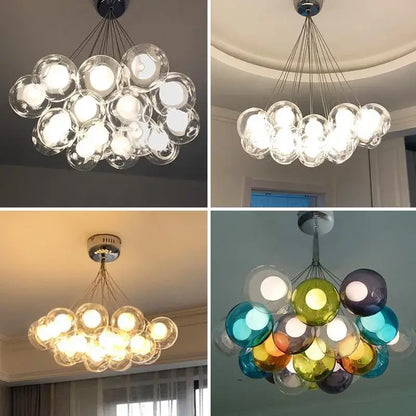 Modern glass bubble chandelier with clear and colored spheres suspended by metal chains decorbites bubble chandelier