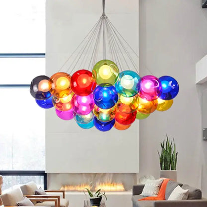 A vibrant multi-colored glass globe bubble chandelier by decorbites for modern living room and dining table lighting