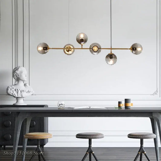 Modern brass bar pendant light with five spherical glass globes decorbites glass ball bubble led chandelier