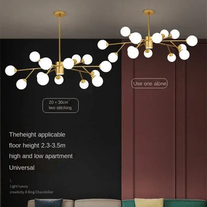 Gold-toned DecorBites™ glass ball ceiling chandelier with white spherical glass globes for bedroom dining living room lighting