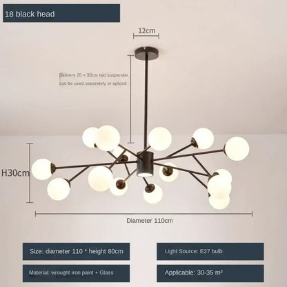 Black wrought iron decorbites glass ball ceiling chandelier with 18 frosted glass globes for bedroom dining living room lighting
