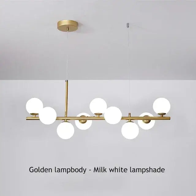 Golden pendant glass ball ceiling chandelier with milk white spherical lampshades and polished brass frame for dining room