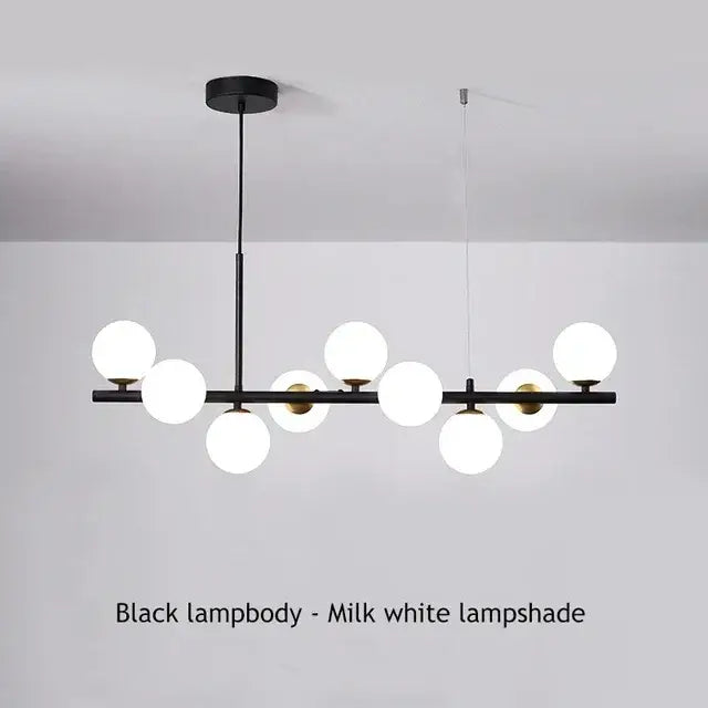 Black modern DecorBites™ ball ceiling chandelier with milk white spherical glass shades for home lighting