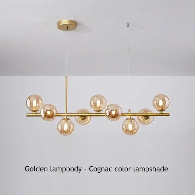 Golden decorbites™ ball ceiling chandelier with cognac glass lampshades and polished brass frame for home lighting