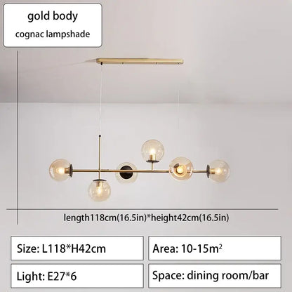 Gold-toned decorbites glass ball ceiling chandelier with six cognac glass lampshades for kitchen dining living room