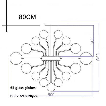 DecorBites glass ball ceiling chandelier 80cm wide with 65 glass globes and g9 bulbs for living room lighting