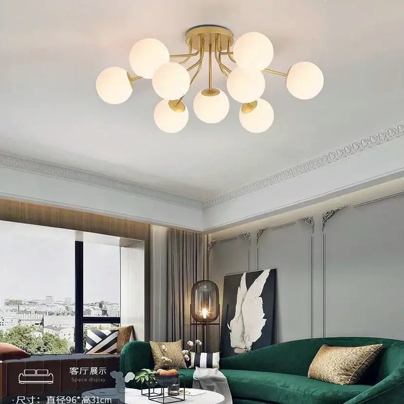 Gold-toned decorbites glass ball ceiling chandelier pendant lamp with frosted glass globe bulbs for modern living rooms