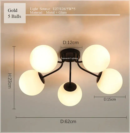 Gold-finished decorbites glass ball ceiling light fixture with five frosted glass globe bulbs for modern living bedroom