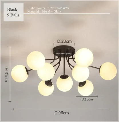 Decorbites glass ball ceiling chandelier pendant lamp with black metal frame and nine frosted glass ball bulbs