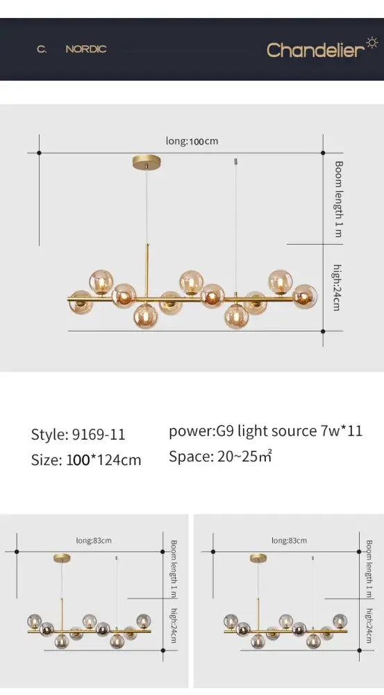 DecorBites™ glass ball chandelier with gold-toned metallic frame and spherical glass globes for dining room lighting