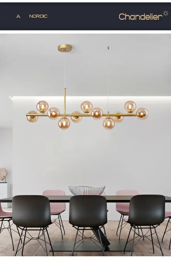 DecorBites™ glass ball chandelier with gold-toned metal and amber glass globes for modern home lighting
