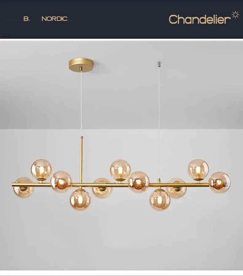 Decorbites™ glass ball chandelier with gold-toned metal and amber glass globe bulbs on a sleek horizontal bar for home lighting