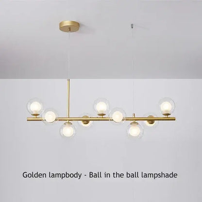 Golden glass ball chandelier with spherical glass shades housing illuminated bulbs for home lighting by decorbites