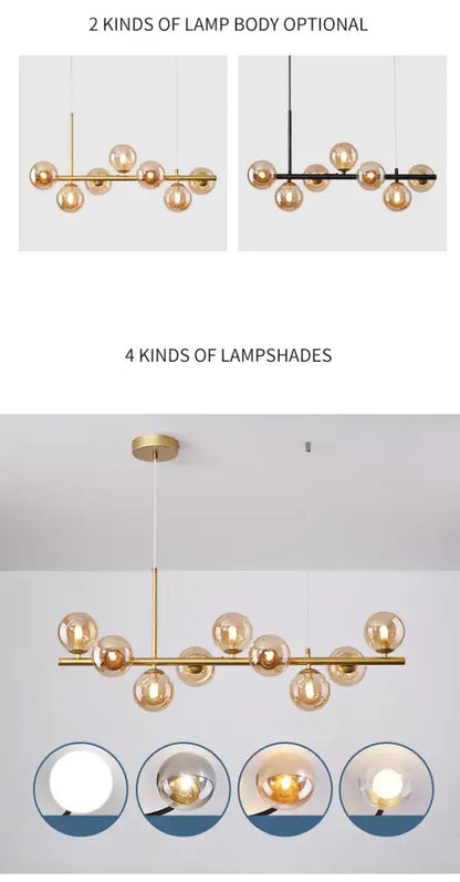 Gold-toned decorbites glass ball chandelier with sleek horizontal bar and multiple spherical glass ball shades for modern lighting