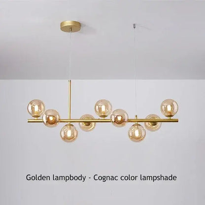 Golden decorbites™ glass ball chandelier with cognac glass ball lampshades and polished brass ball ceiling frame for modern lighting