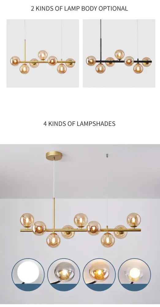 Decorbites™ glass ball chandelier modern gold-toned lighting fixture with multiple spherical glass shades and sleek bar design