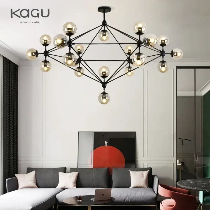 Black metal decorbites glass ball chandelier with multiple spherical glass bulbs in geometric pattern for modern lighting