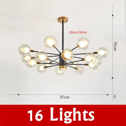 Modern black and brass decorbites glass ball chandelier with 16 clear glass globe bulbs for elegant lighting