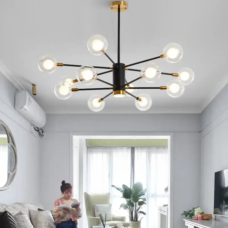 Modern black and gold decorbites glass ball chandelier with clear glass globe bulbs for elegant pendant lighting