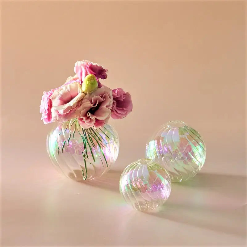 DecorBites™ iridescent glass ball vase set with vertical ribbed patterns for elegant home decor display