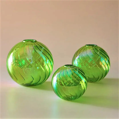 DecorBites™ vase set of three vibrant green glass ball vases with swirling iridescent patterns for home decor