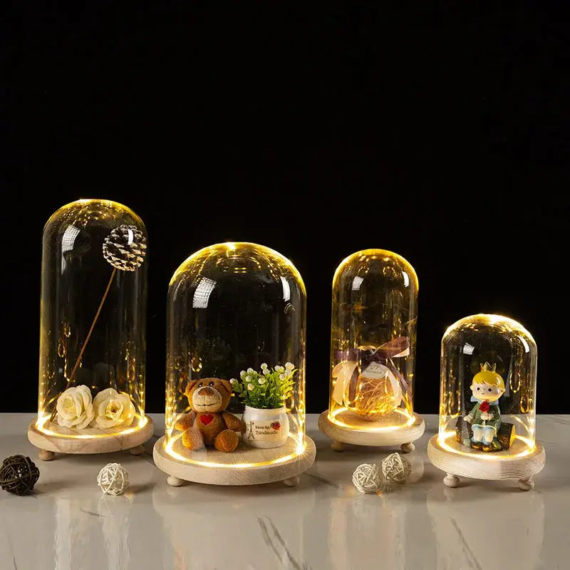Four illuminated glass bell jar terrariums with wooden bases each displaying a decorative item under LED light