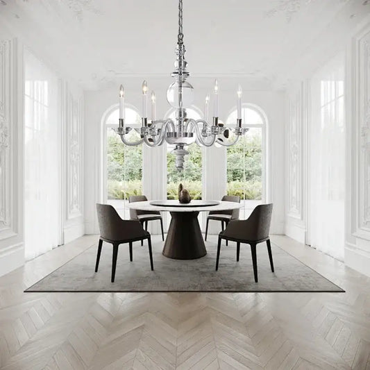 A sleek silver-toned decorbites glass branch led chandelier with multiple arms and candle-like bulbs for living room ceiling