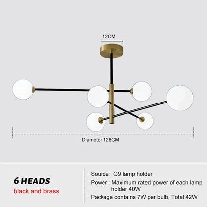 Modern six-head decorbites glass brass chandelier with black and brass accents and white spherical glass shades