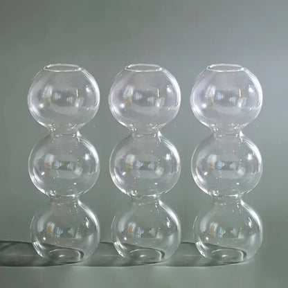 Three clear glass bubble hydroponic vases by decorbites with stacked spherical segments for wedding and home decor