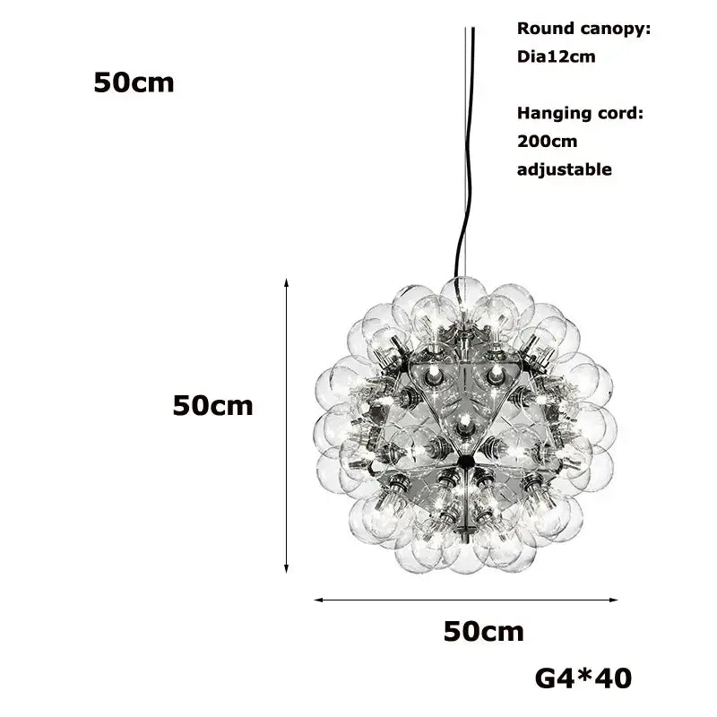 Spherical 50cm decorbites glass bubble chandelier with 40 clear globes on adjustable black cord for bubble kitchen island