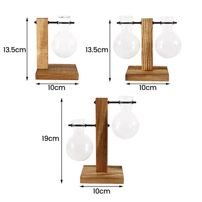 DecorBites™ glass bulb vase set with clear glass vases of varying heights on a wooden stand for elegant decor