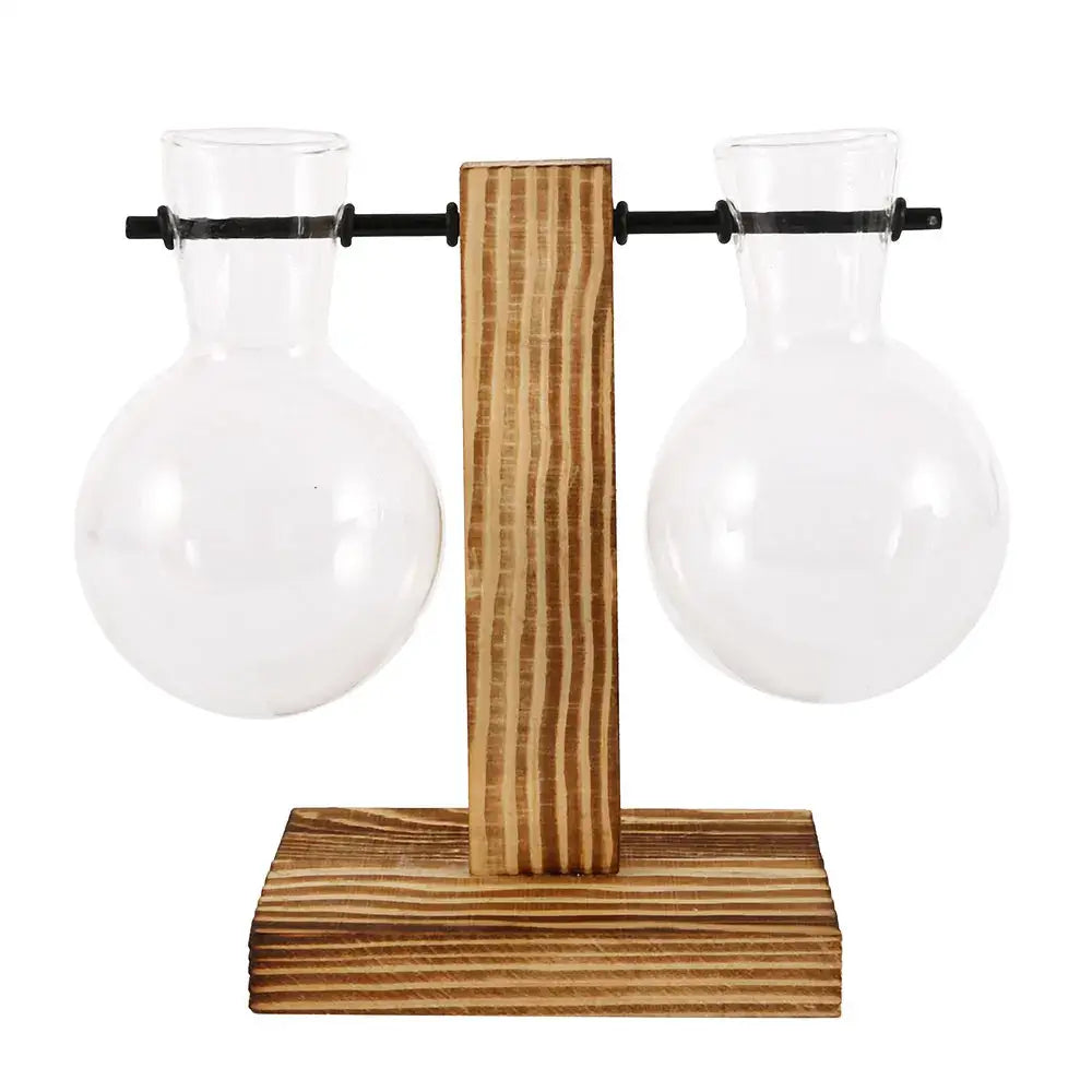 DecorBites wooden stand with two clear glass bulb vases mounted on black metal bars for decorative use