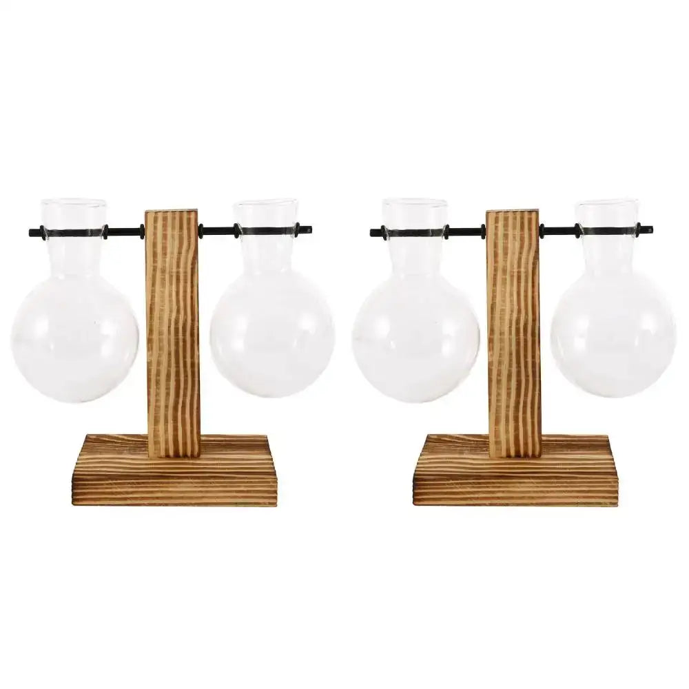 DecorBites™ glass bulb vase set featuring two clear bulb vases with wooden stand and black metal bars