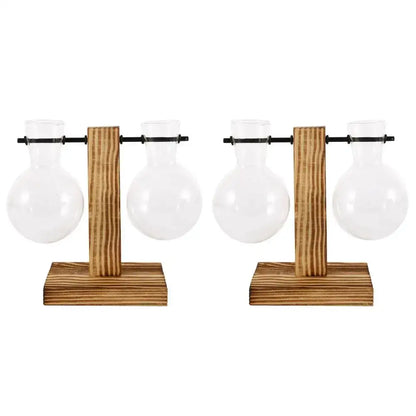 DecorBites™ glass bulb vase set featuring two clear bulb vases with wooden stand and black metal bars