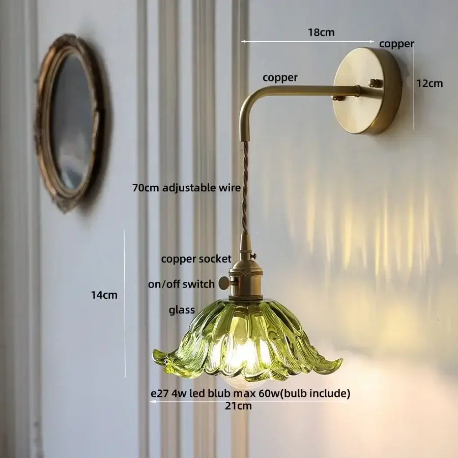 Vintage-style DecorBites™ copper green flower LED wall sconce with a green petal-shaped glass shade and pull chain