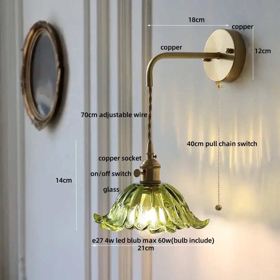 DecorBites™ copper green flower led wall sconce with a copper arm and green flower led glass shade with pull chain