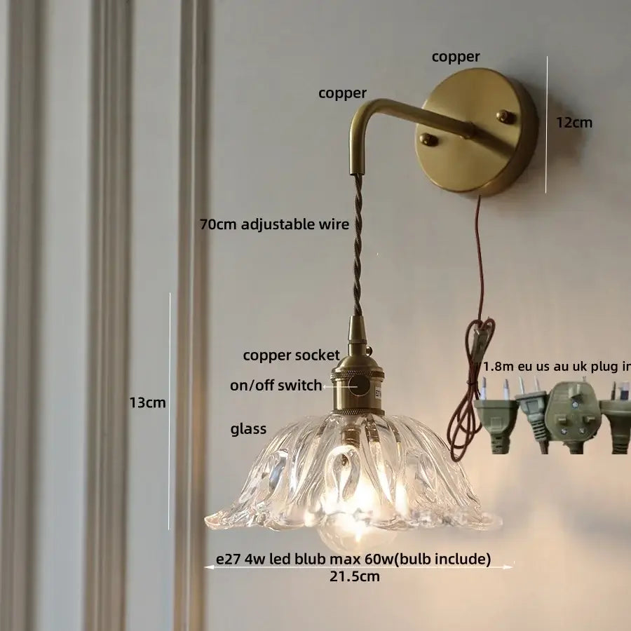 DecorBites™ copper green flower led wall sconce with clear fluted glass shade and adjustable 70cm wire pull chain