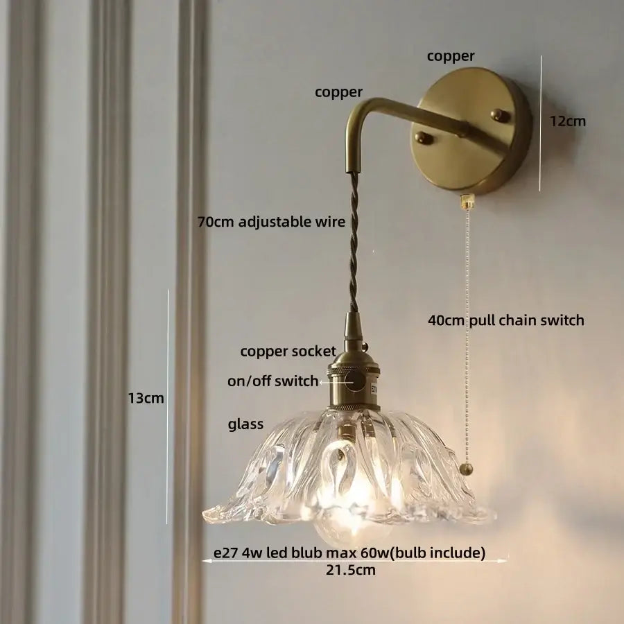 DecorBites glass and copper green flower led wall sconce with antique brass finish petal shade and adjustable wire
