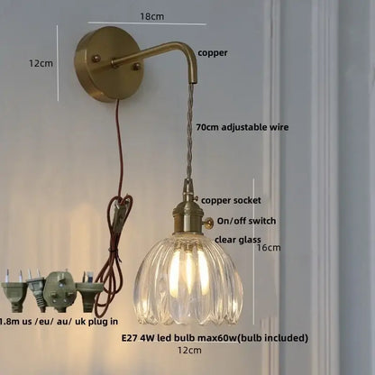 Decorbites™ flower led wall sconce with antique brass finish clear ribbed glass shade and adjustable copper wire