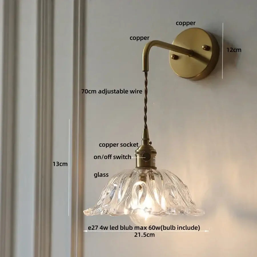 Antique brass-finished copper green flower led wall sconce with clear petal glass shade and adjustable 70cm wire
