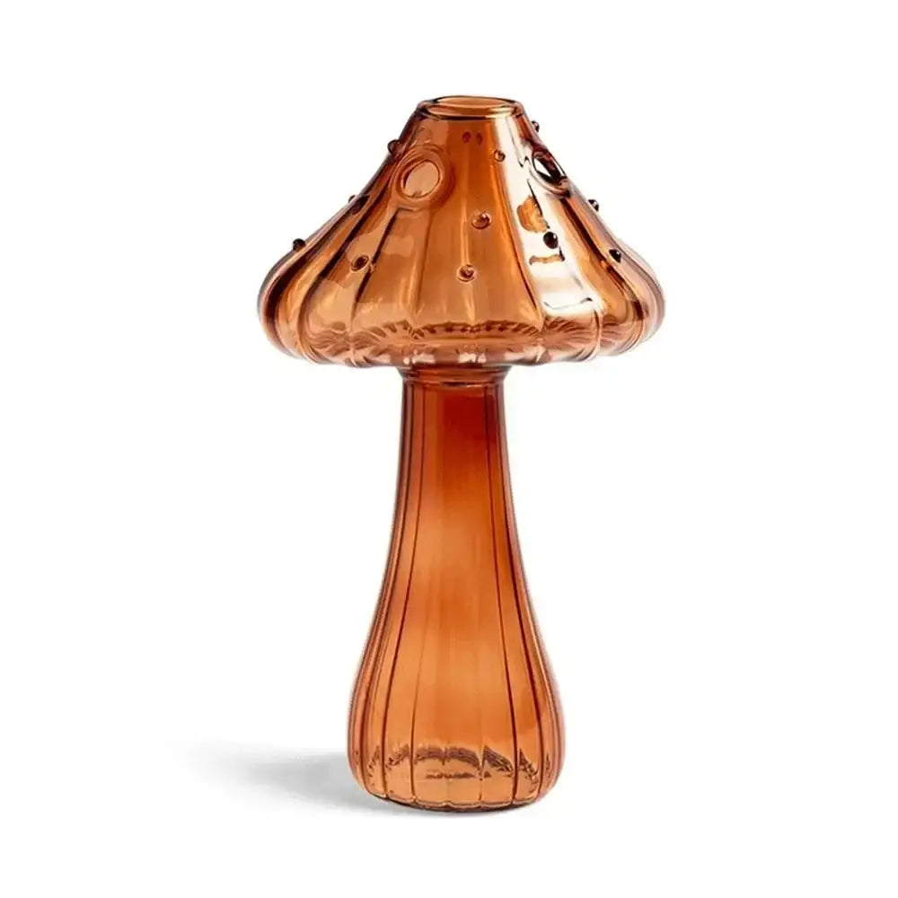 Amber-colored glass vase shaped like a mushroom with textured ribbed stem and dotted cap for hydroponic flower home decor