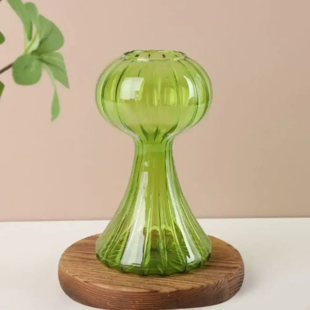DecorBites™ translucent green glass vase with fluted bulbous top and slender stem for hydroponic flower home decor