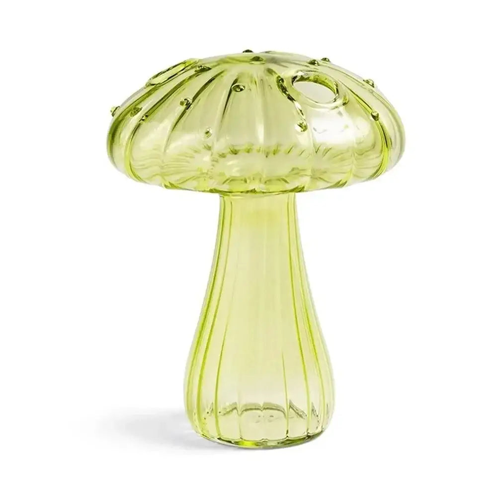 DecorBites™ glass vase translucent lime-green mushroom shape with ribbed stem and dotted cap for home decor hydroponic flower