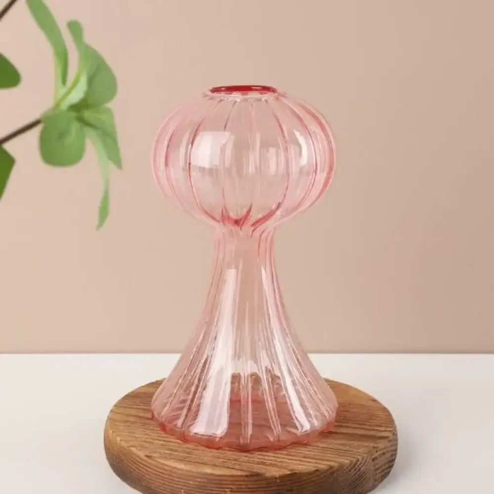 DecorBites glass vase translucent pink with vertical ridges and flared base for hydroponic flower home decor