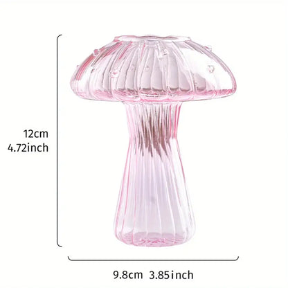Decorbites™ glass mushroom hydroponic planter featuring a translucent pink ribbed glass mushroom vase for home and garden